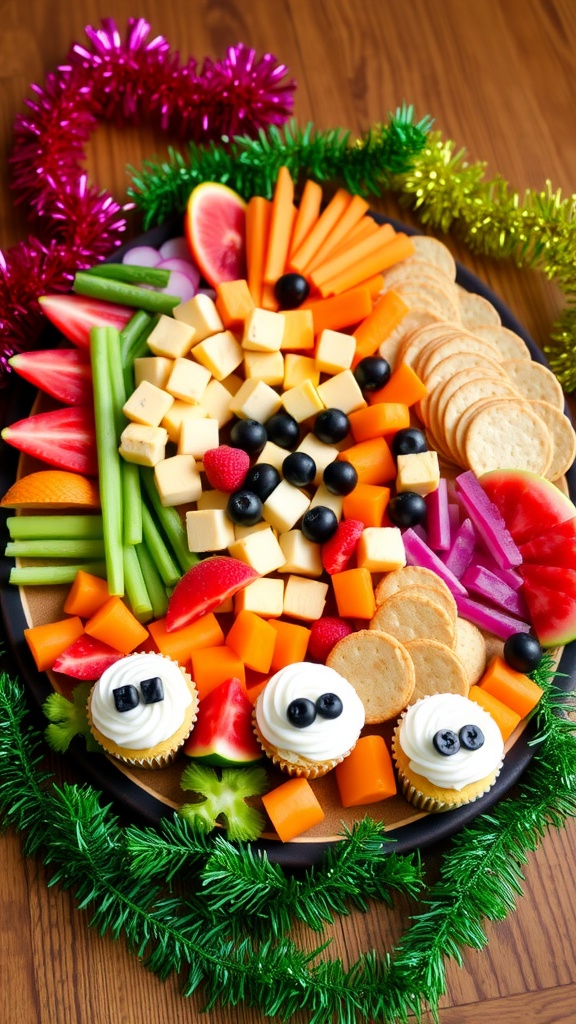 A celebratory snack platter for a 15th birthday featuring vegetables, cheese, fruit, and sweet treats.